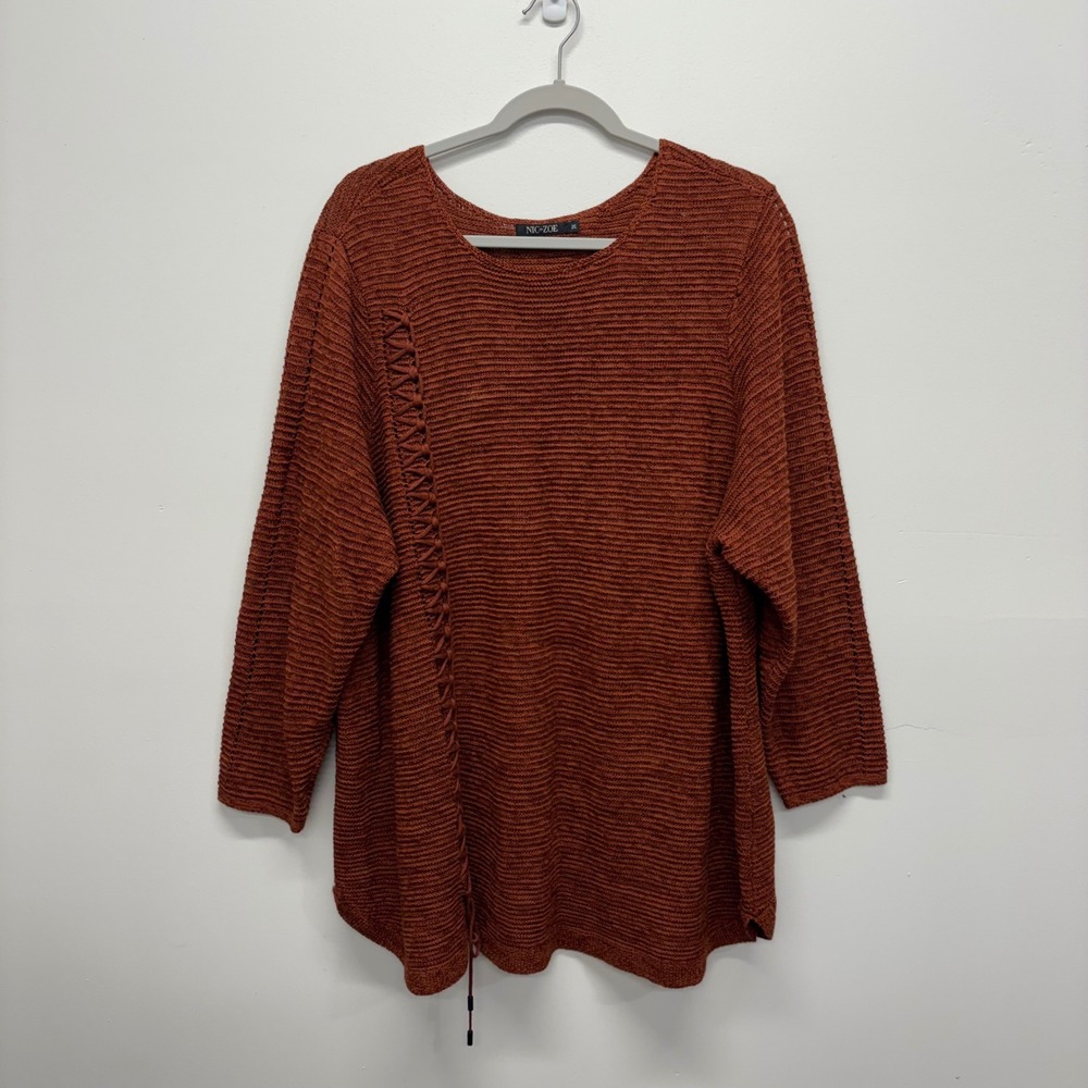 Nic+Zoe Lace Up Textured Knit Sweater Rust Orange Cotton Blend Womens Size 3X